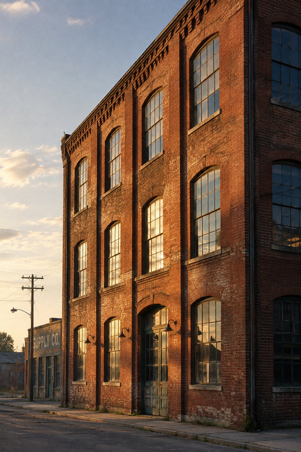 A historic brick supply-company building on a quiet Midwestern street at golden hour